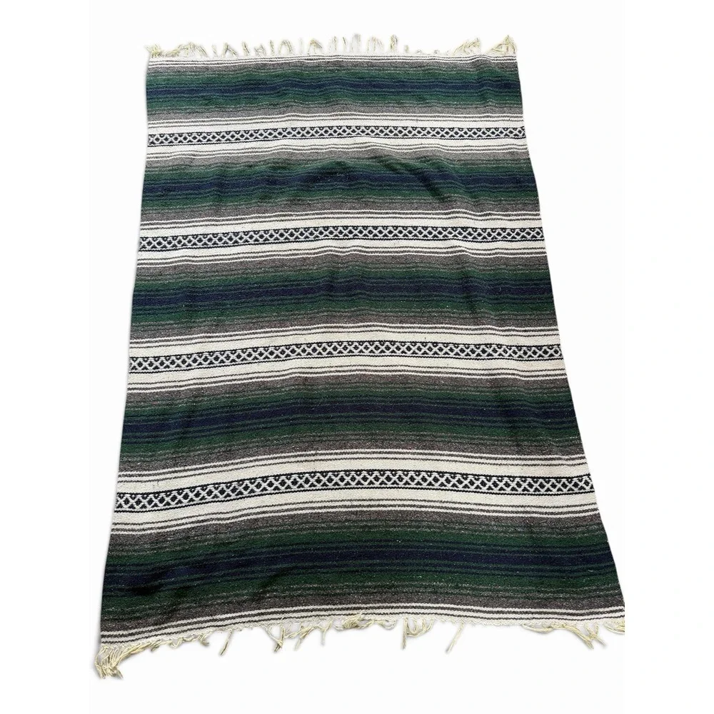 Vintage Woven Mexico Blanket Serape Yoga Falsa Navy Gray Green Throw 52